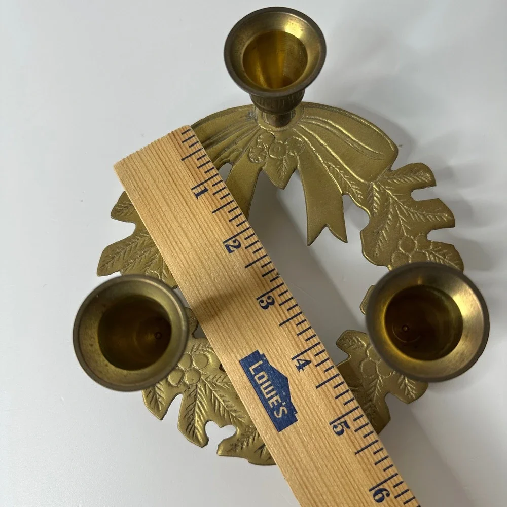 Vintage Brass Christmas Wreath Candelabra 3‎ Cup Candle Holder Holly Leaf Bow